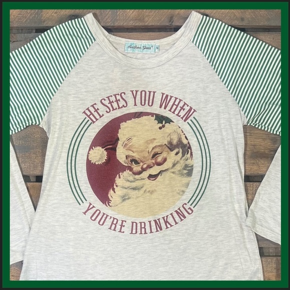 Southern Grace Tops - EUC [Southern Grace] Green Striped Funny Santa Holiday Christmas Tee | Small
